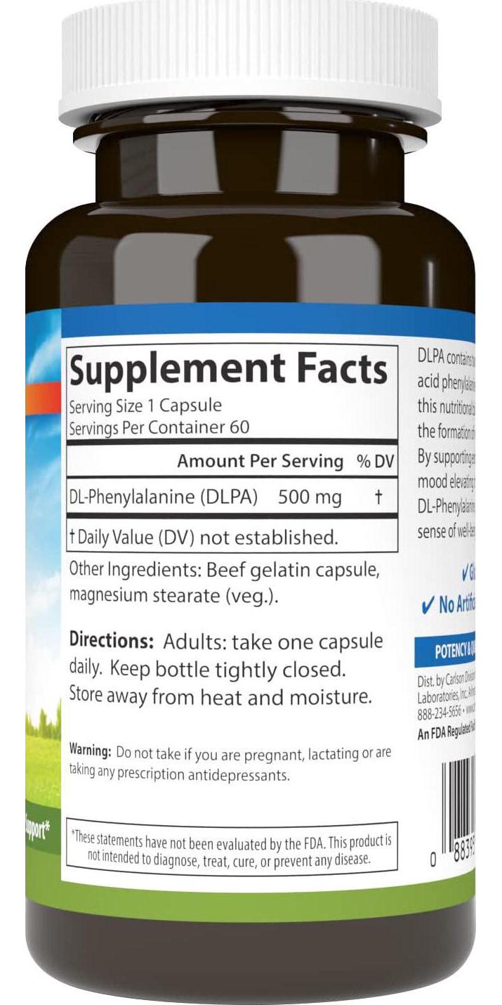 Carlson - DLPA DL-Phenylalanine, 500 mg, Promotes Healthy Nervous and Endocrine Systems, 60 Capsules