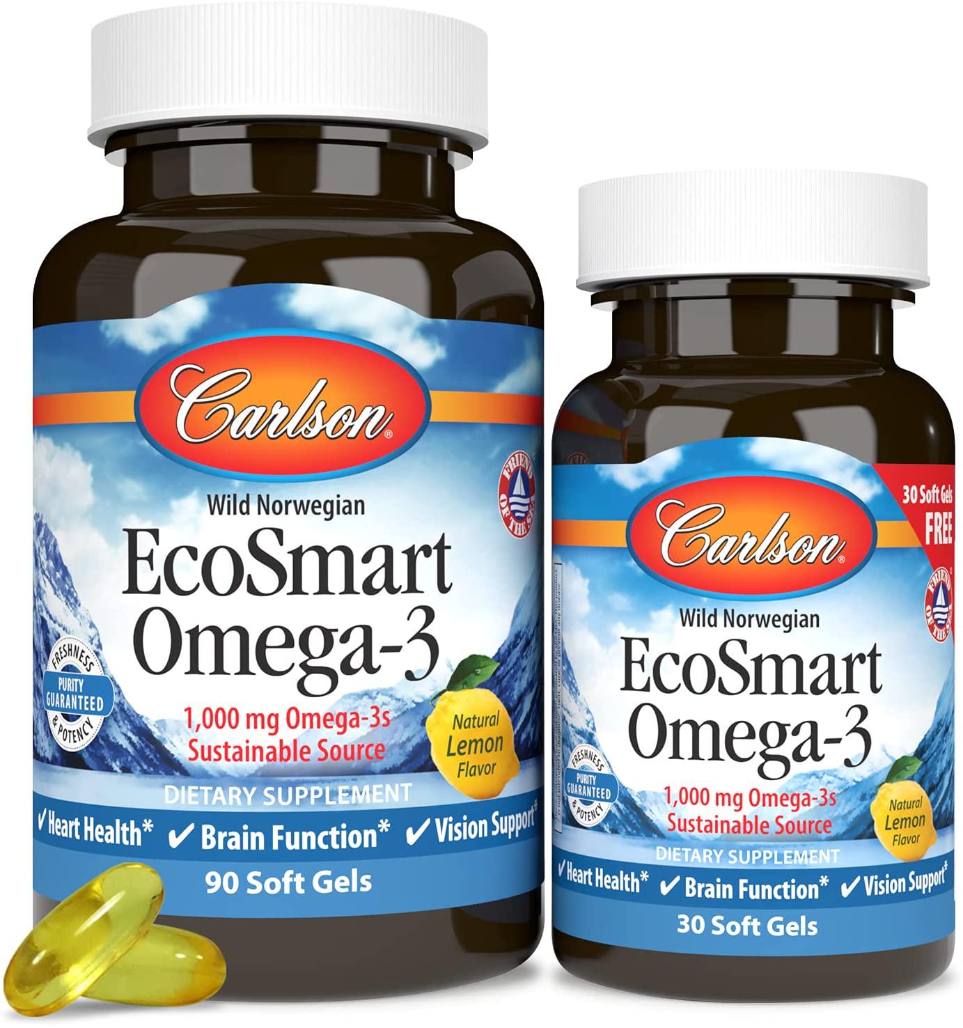 Carlson - EcoSmart Omega-3, 1000 mg Omega-3s Sustainable Source, Heart Health, Brain Function and Vision Support, Lemon, 90+30 soft gels