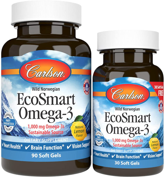 Carlson - EcoSmart Omega-3, 1000 mg Omega-3s Sustainable Source, Heart Health, Brain Function and Vision Support, Lemon, 90+30 soft gels