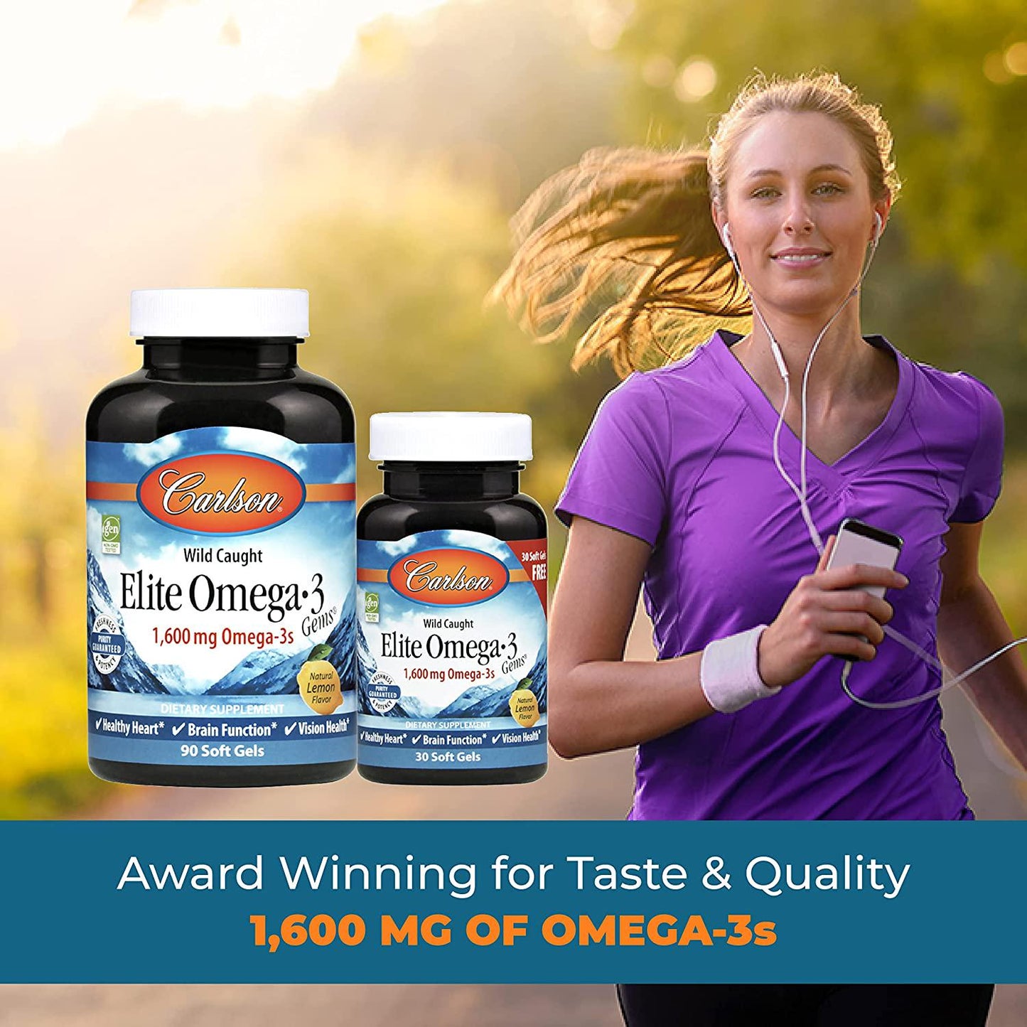 Carlson - Elite Omega-3 Gems, 1600 mg Omega-3 Fatty Acids Including EPA and DHA, Norwegian, Wild-Caught Fish Oil Supplement, Sustainably Sourced Omega 3 Fish Oil Capsules, Lemon, 90+30 Softgels