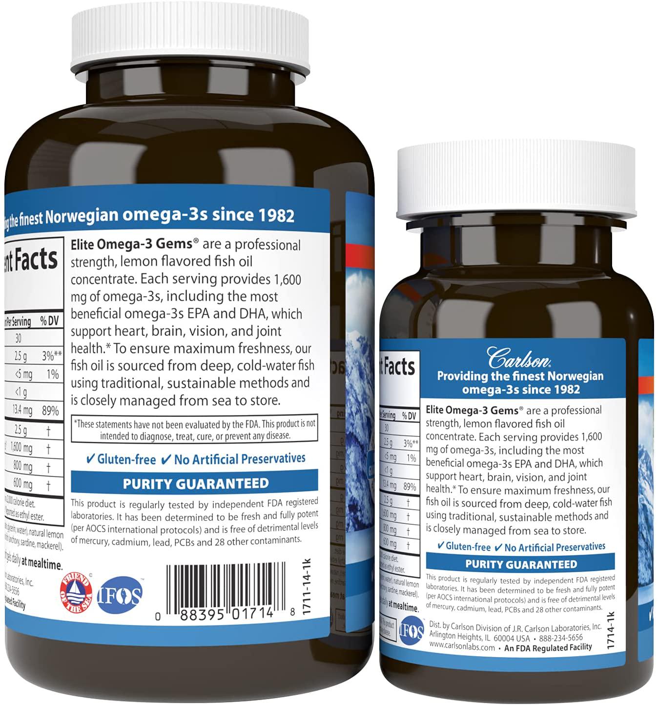 Carlson - Elite Omega-3 Gems, 1600 mg Omega-3 Fatty Acids Including EPA and DHA, Norwegian, Wild-Caught Fish Oil Supplement, Sustainably Sourced Omega 3 Fish Oil Capsules, Lemon, 90+30 Softgels