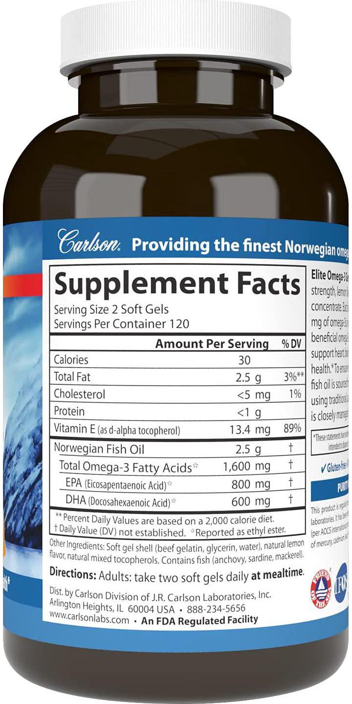 Carlson - Elite Omega-3 Gems, 1600 mg Omega-3 Fatty Acids Including EPA and DHA, Norwegian, Wild-Caught Fish Oil Supplement, Sustainably Sourced Omega 3 Fish Oil Capsules, Lemon, 240 Softgels