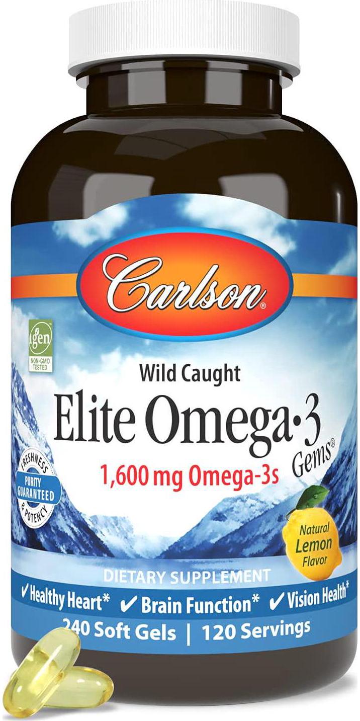 Carlson - Elite Omega-3 Gems, 1600 mg Omega-3 Fatty Acids Including EPA and DHA, Norwegian, Wild-Caught Fish Oil Supplement, Sustainably Sourced Omega 3 Fish Oil Capsules, Lemon, 240 Softgels