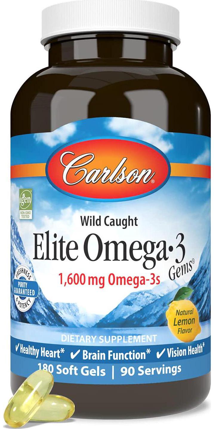 Carlson - Elite Omega-3 Gems, 1600 mg Omega-3s, Heart, Brain and Vision Support, Wild Caught, Orange, 180 soft gels