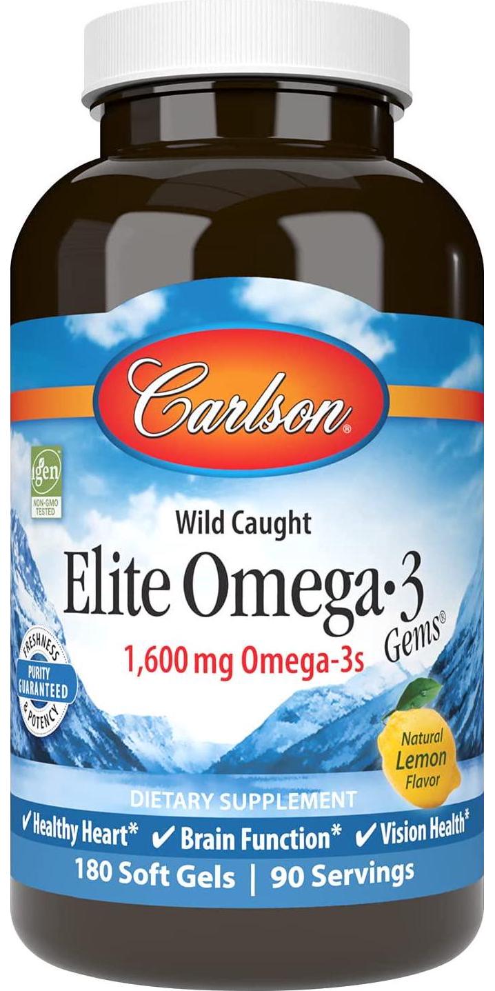 Carlson - Elite Omega-3 Gems, 1600 mg Omega-3s, Heart, Brain and Vision Support, Wild Caught, Orange, 180 soft gels