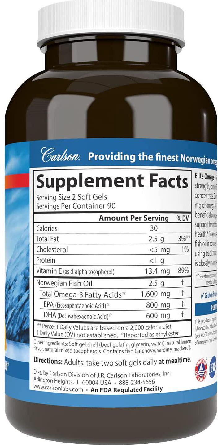 Carlson - Elite Omega-3 Gems, 1600 mg Omega-3s, Heart, Brain and Vision Support, Wild Caught, Orange, 180 soft gels