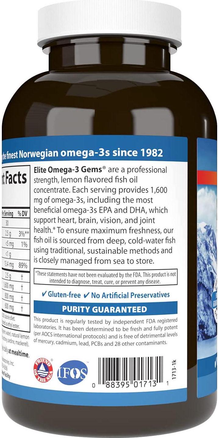 Carlson - Elite Omega-3 Gems, 1600 mg Omega-3 Fatty Acids Including EPA and DHA, Norwegian, Wild-Caught Fish Oil Supplement, Sustainably Sourced Omega 3 Fish Oil Capsules, Lemon, 240 Softgels