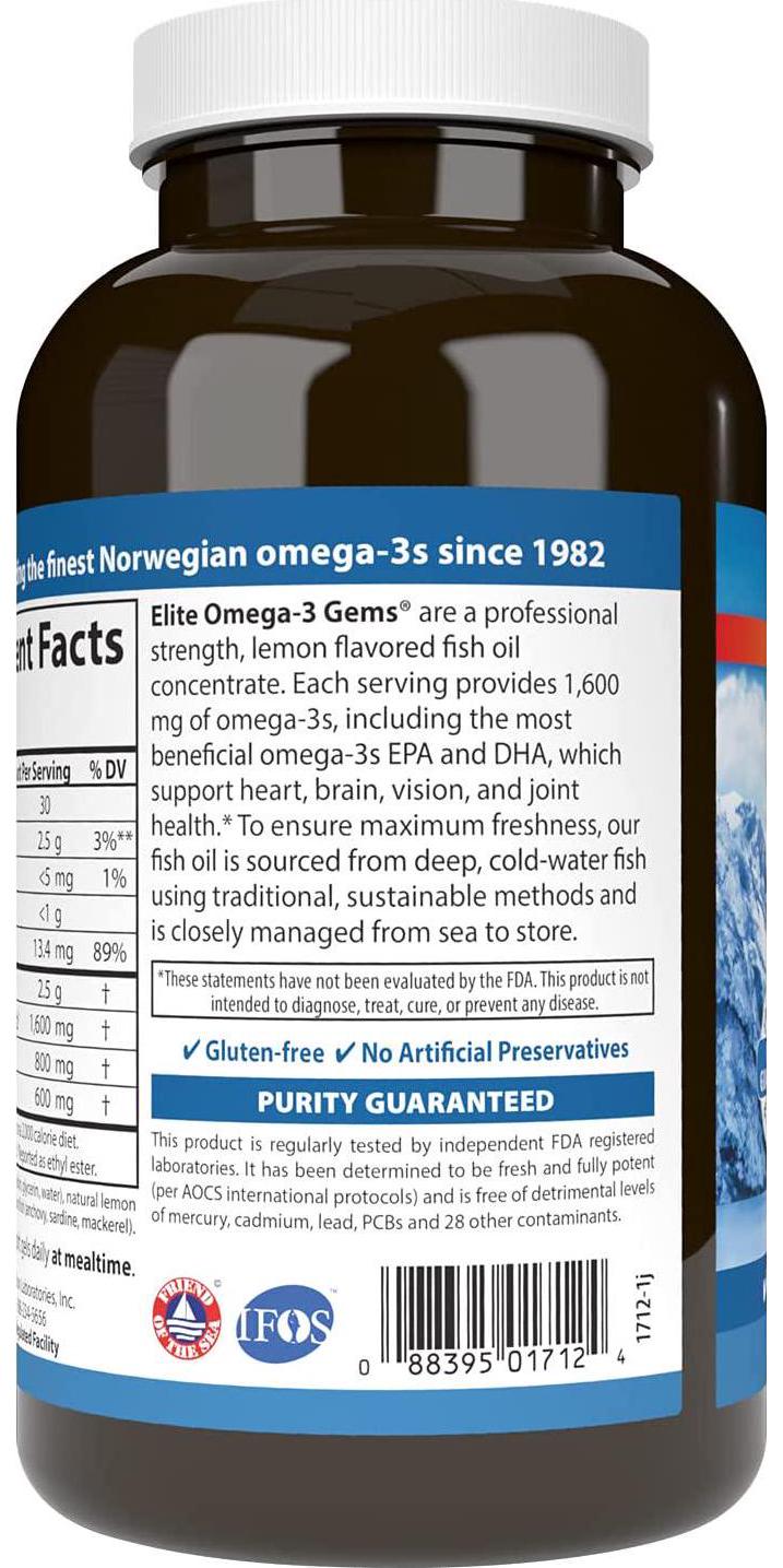 Carlson - Elite Omega-3 Gems, 1600 mg Omega-3s, Heart, Brain and Vision Support, Wild Caught, Orange, 180 soft gels