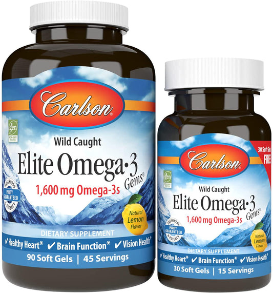 Carlson - Elite Omega-3 Gems, 1600 mg Omega-3 Fatty Acids Including EPA and DHA, Norwegian, Wild-Caught Fish Oil Supplement, Sustainably Sourced Omega 3 Fish Oil Capsules, Lemon, 90+30 Softgels