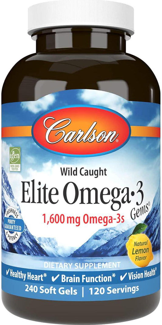 Carlson - Elite Omega-3 Gems, 1600 mg Omega-3 Fatty Acids Including EPA and DHA, Norwegian, Wild-Caught Fish Oil Supplement, Sustainably Sourced Omega 3 Fish Oil Capsules, Lemon, 240 Softgels