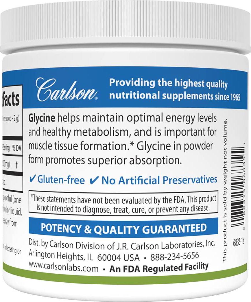 Carlson - Glycine Powder, 2000 mg Glycine, Amino Acid Powder, Energy Production, Muscle Development Powder, Glycine Supplement Powder, 3.53 oz (100 g)