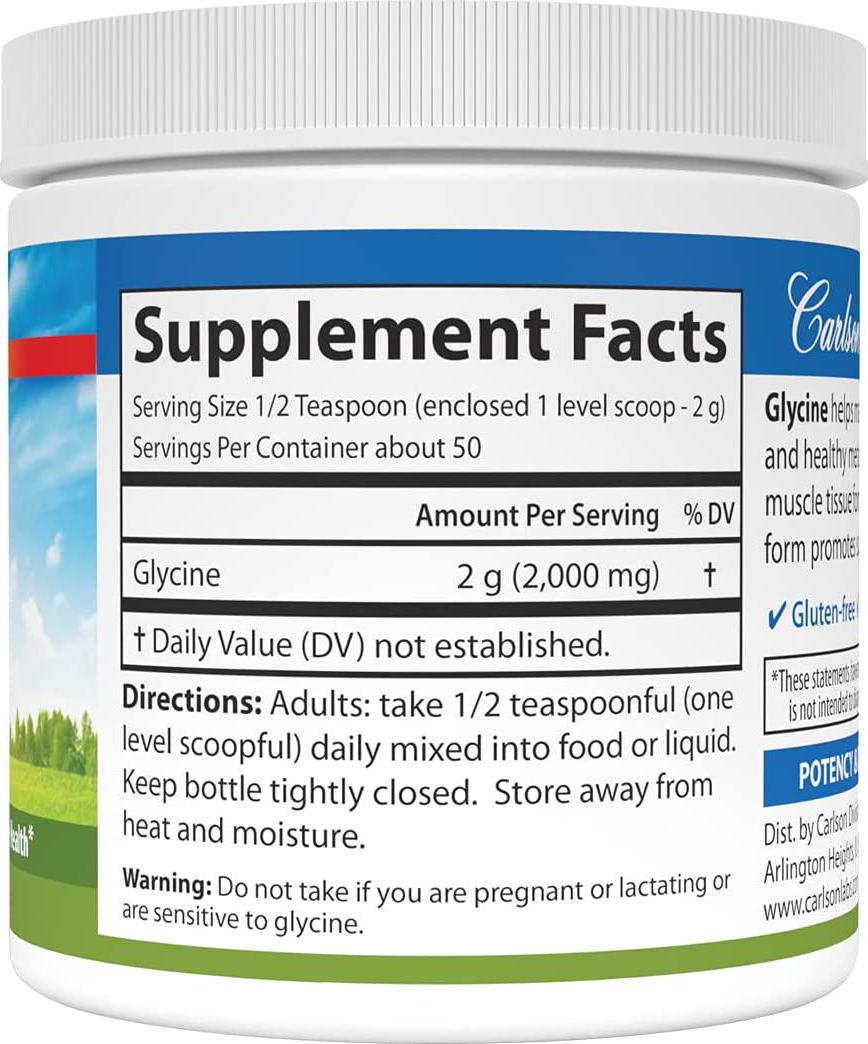 Carlson - Glycine Powder, 2000 mg Glycine, Amino Acid Powder, Energy Production, Muscle Development Powder, Glycine Supplement Powder, 3.53 oz (100 g)