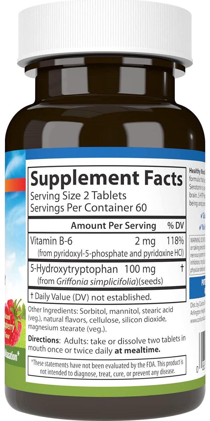 Carlson Healthy Mood 5-htp Elite 50mg Raspberry Chewables, 120 Tablets