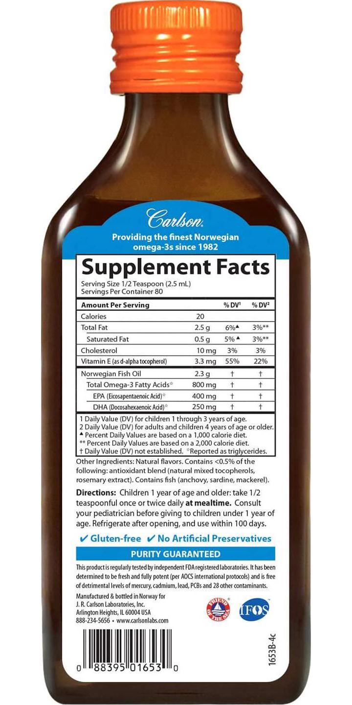 Carlson - Kid&#039;s The Very Finest Fish Oil, 800 mg Omega-3s, Norwegian, Sustainably Sourced, Orange, 200 mL