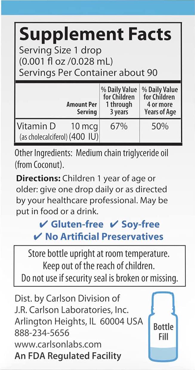 Carlson - Kid's Super Daily D3, Vitamin D Drops for Kids, 400 IU (10 mcg) per Drop, Heart and Immune Health, Vegetarian, Liquid Vitamin D Drops, Unflavored, 90 Drops