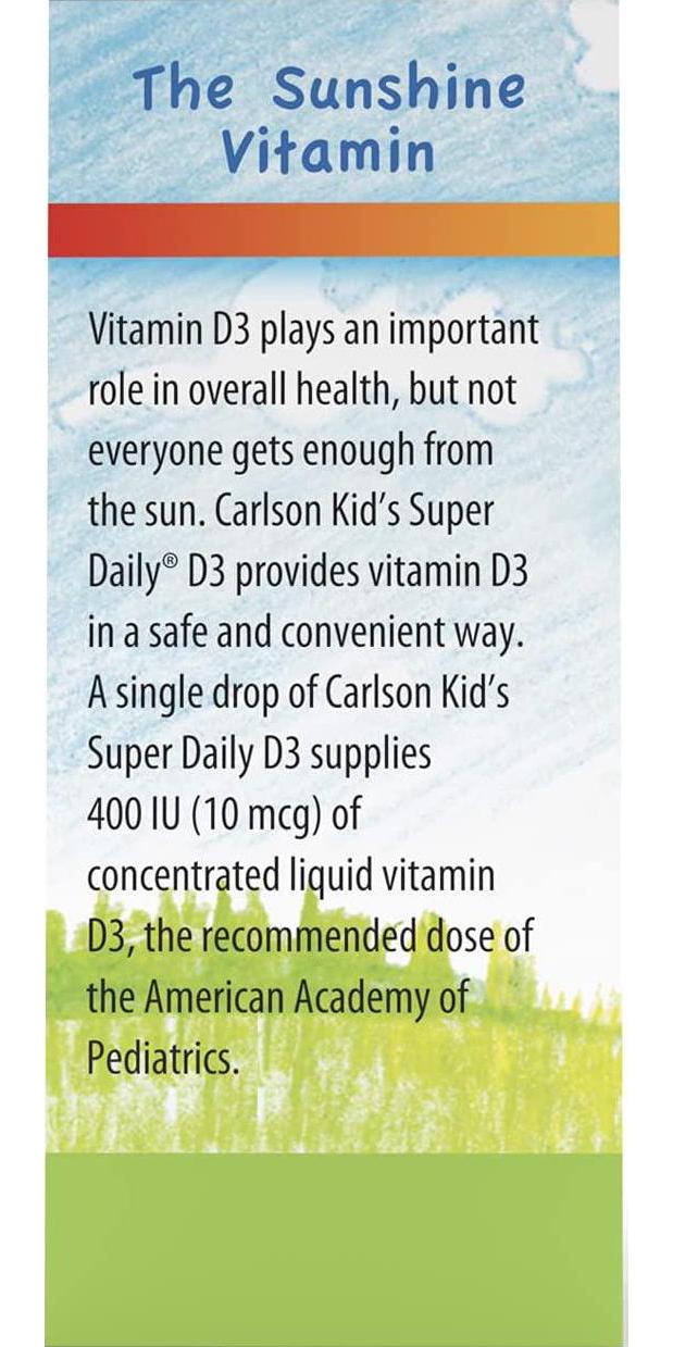 Carlson - Kid's Super Daily D3, Vitamin D Drops for Kids, 400 IU (10 mcg) per Drop, Heart and Immune Health, Vegetarian, Liquid Vitamin D Drops, Unflavored, 90 Drops