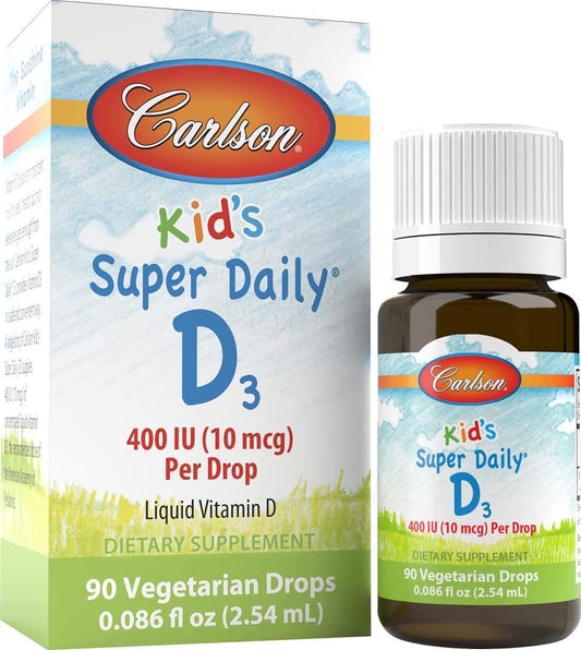Carlson - Kid's Super Daily D3, Vitamin D Drops for Kids, 400 IU (10 mcg) per Drop, Heart and Immune Health, Vegetarian, Liquid Vitamin D Drops, Unflavored, 90 Drops