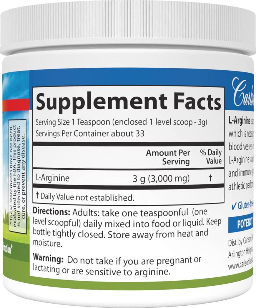 Carlson - L-Arginine, Amino Acid Powder, Circulatory Health, Cardiovascular Support and Immune Function, 100 Grams
