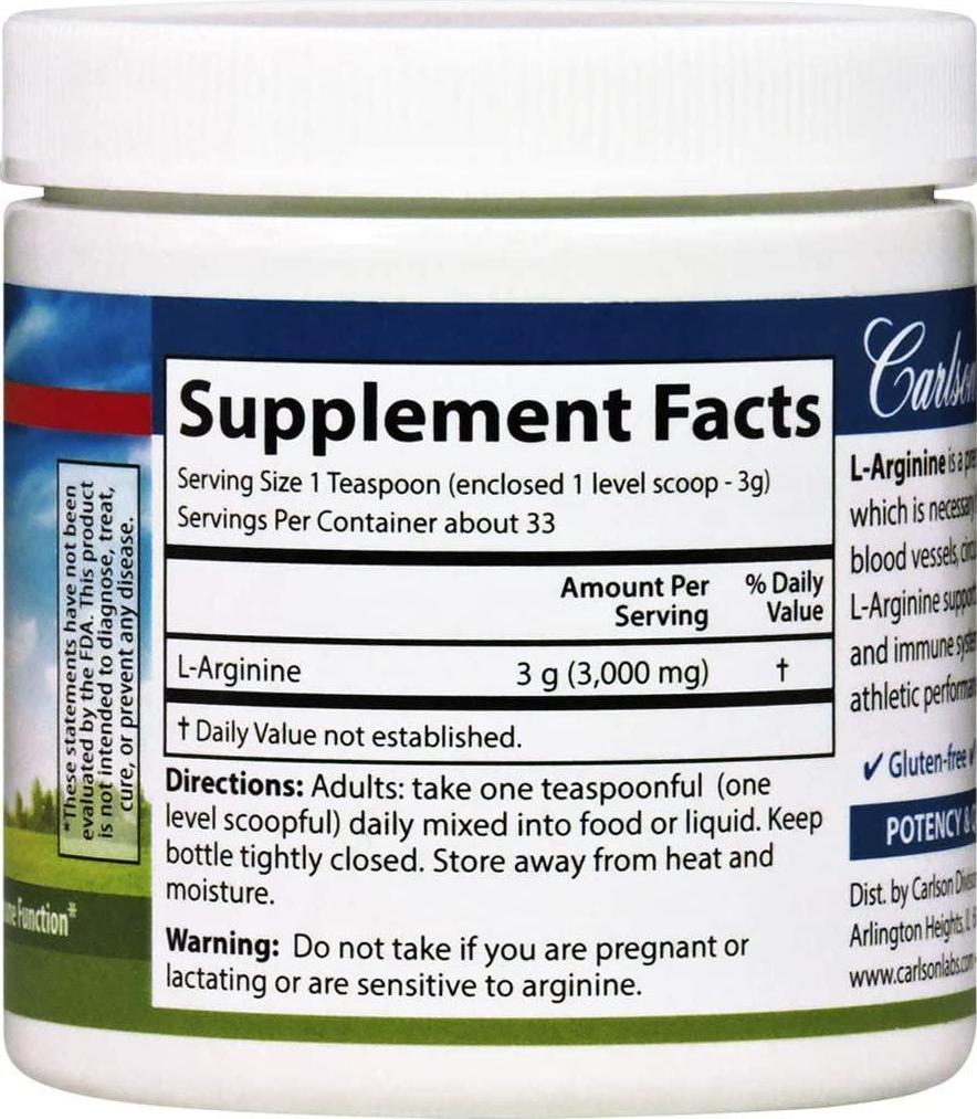 Carlson - L-Arginine Powder, Free-Form Amino Acid, Circulatory Health, 3.53 oz (100 g)