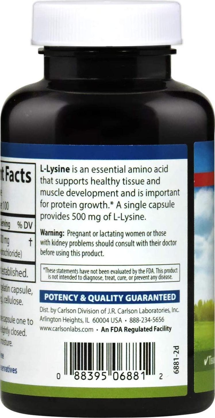 Carlson - L-Lysine, 500 mg, Supports Healthy Tissue and Muscle Development, 100 Capsules