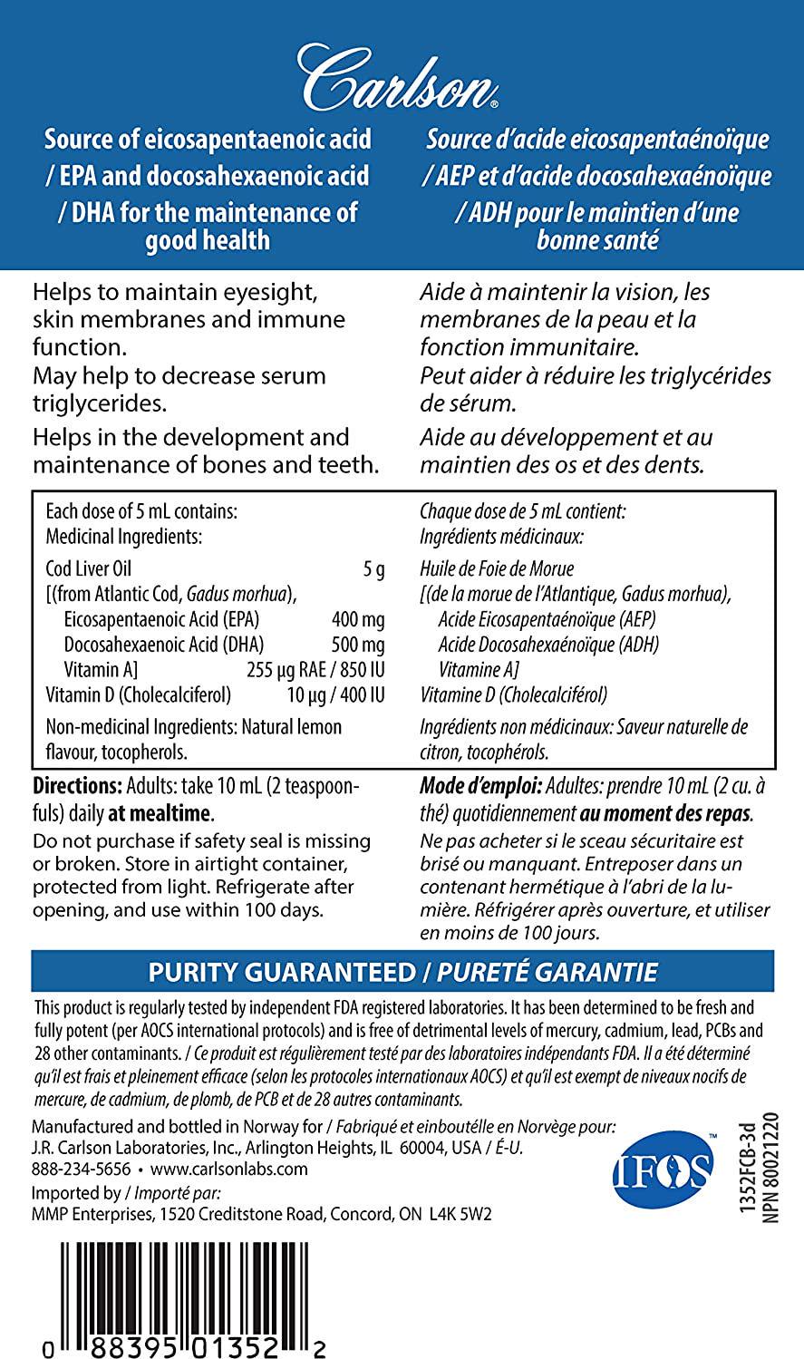 Carlson Labs Norwegian Natural Vitamin E Cod Liver Oil, Lemon, 500ml, Glass Bottle