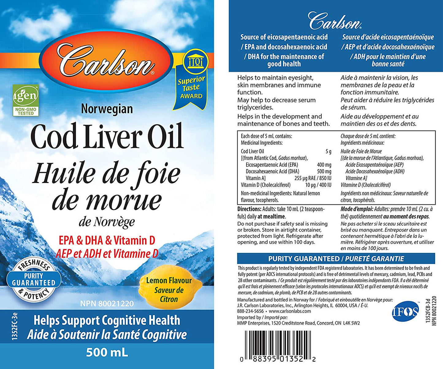 Carlson Labs Norwegian Natural Vitamin E Cod Liver Oil, Lemon, 500ml, Glass Bottle
