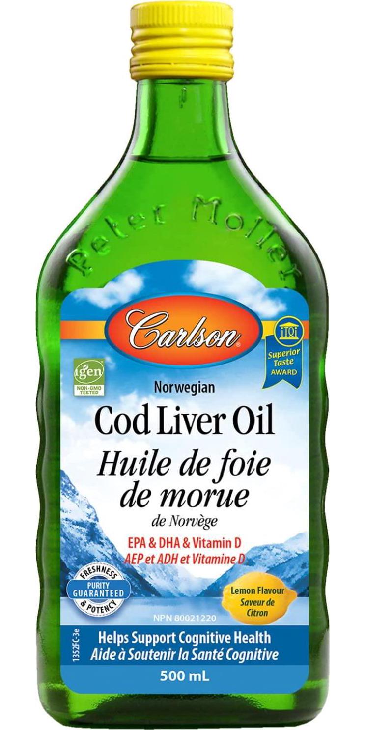 Carlson Labs Norwegian Natural Vitamin E Cod Liver Oil, Lemon, 500ml, Glass Bottle