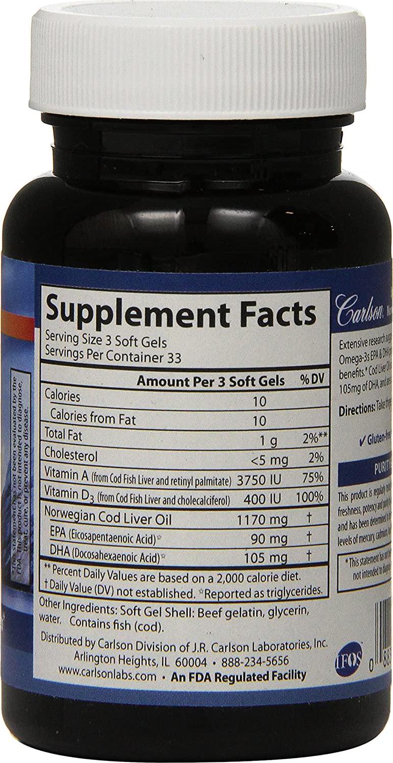 Carlson Labs - Norwegian Cod Liver Oil 390 mg. - 100 Softgels