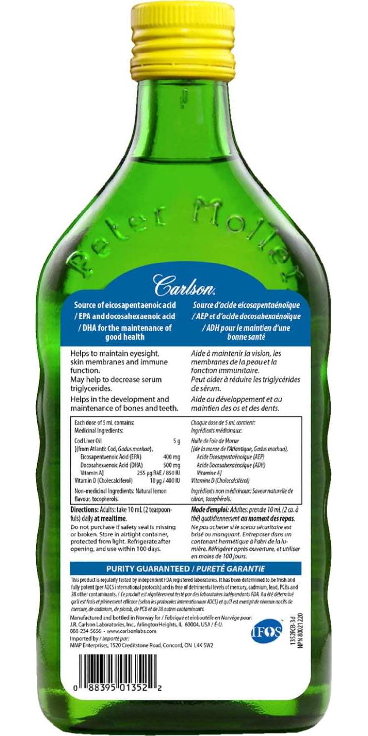 Carlson Labs Norwegian Natural Vitamin E Cod Liver Oil, Lemon, 500ml, Glass Bottle