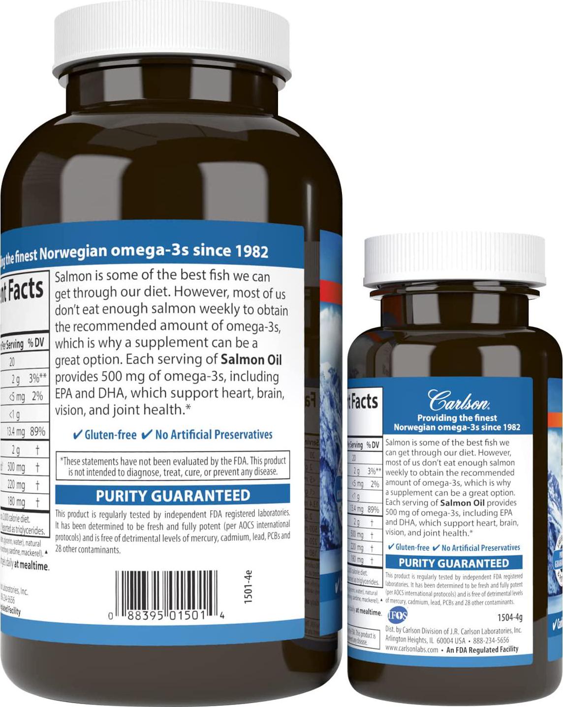 Carlson - Norwegian Salmon Oil, 500 mg Omega-3s, Norwegian Salmon Oil Supplement, Wild Caught Omega 3 Salmon Oil Capsules, Sustainably Sourced, Brain, Heart and Joint Health, 180+50 Softgels