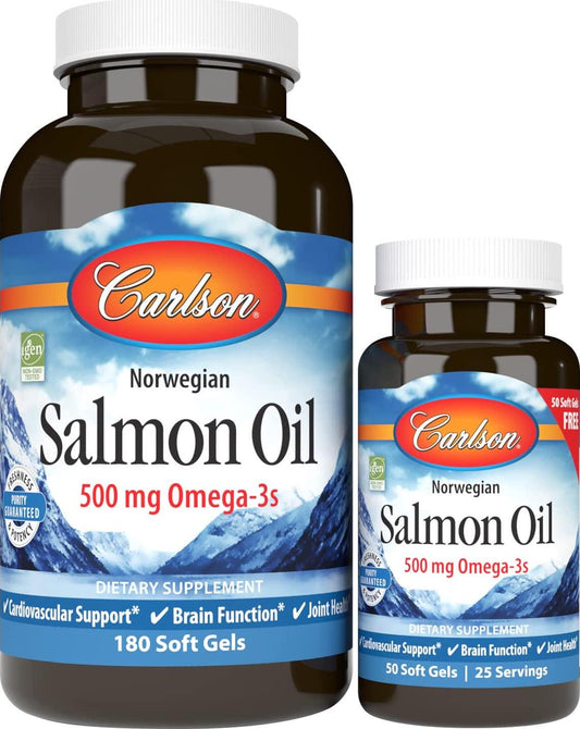 Carlson - Norwegian Salmon Oil, 500 mg Omega-3s, Norwegian Salmon Oil Supplement, Wild Caught Omega 3 Salmon Oil Capsules, Sustainably Sourced, Brain, Heart and Joint Health, 180+50 Softgels
