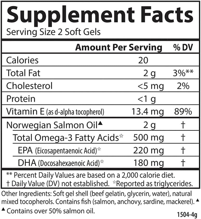 Carlson - Norwegian Salmon Oil, 500 mg Omega-3s, Norwegian Salmon Oil Supplement, Wild Caught Omega 3 Salmon Oil Capsules, Sustainably Sourced, Brain, Heart and Joint Health, 180+50 Softgels