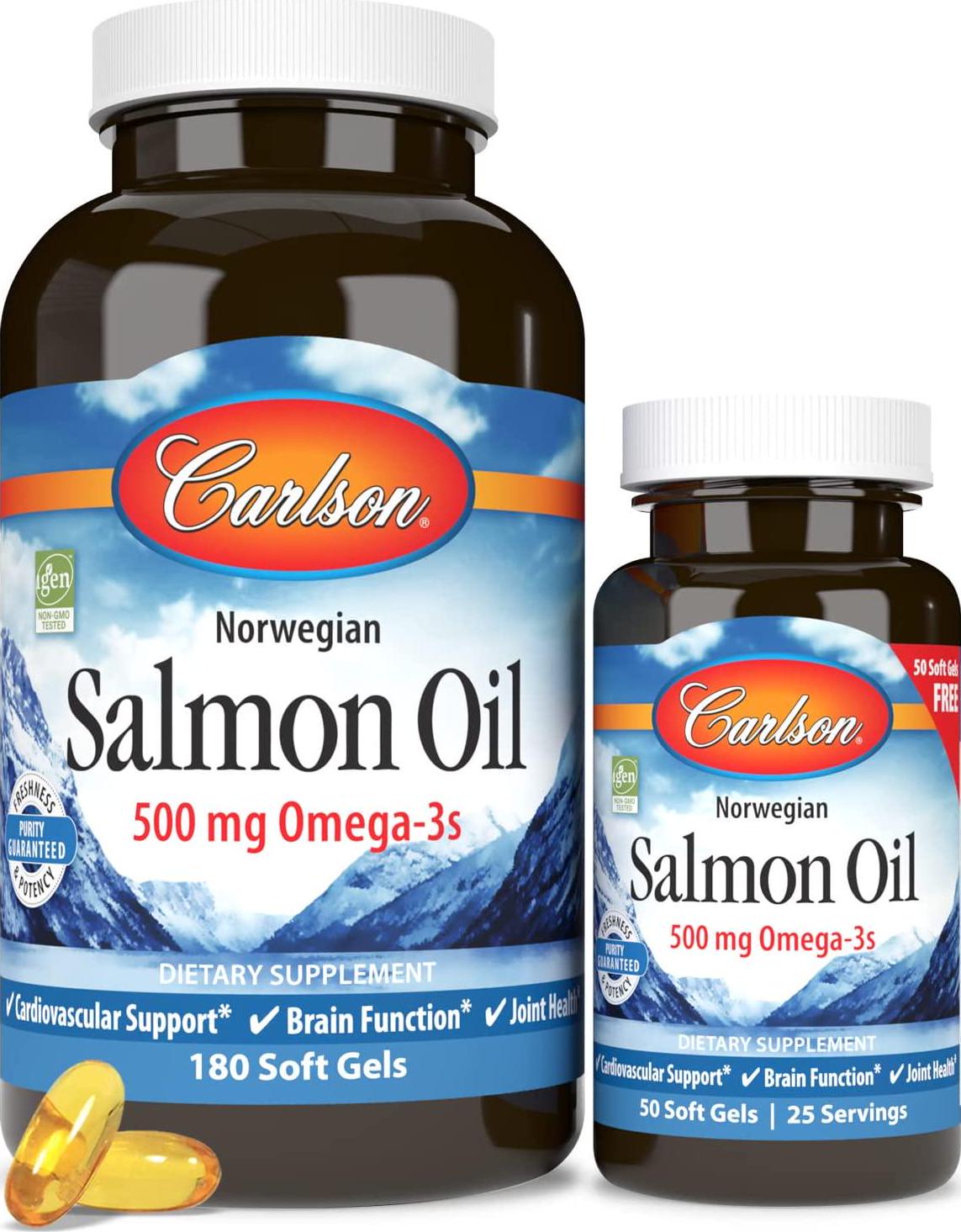 Carlson - Norwegian Salmon Oil, 500 mg Omega-3s, Norwegian Salmon Oil Supplement, Wild Caught Omega 3 Salmon Oil Capsules, Sustainably Sourced, Brain, Heart and Joint Health, 180+50 Softgels