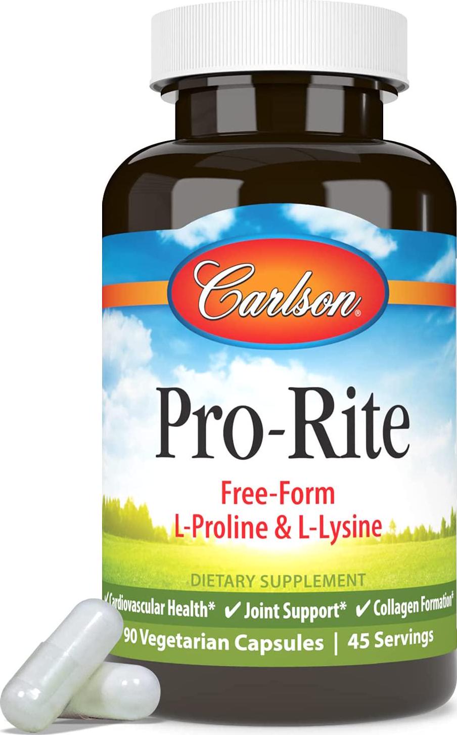 Carlson - Pro-Rite, Free-Form L-Proline and L-Lysine, Health, Joint Support and Collagen Formation, 90 Capsules