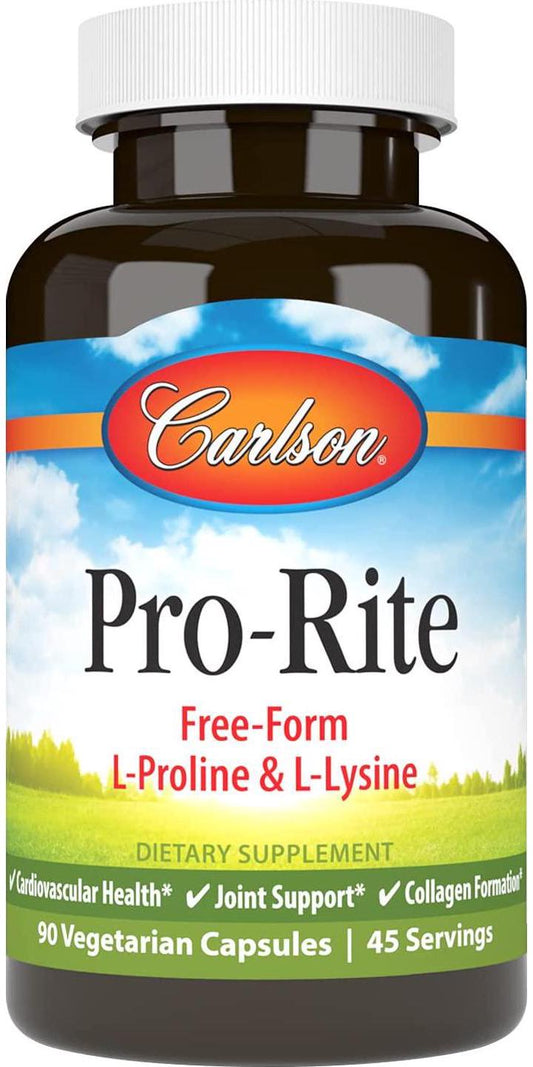Carlson - Pro-Rite, Free-Form L-Proline and L-Lysine, Health, Joint Support and Collagen Formation, 90 Capsules