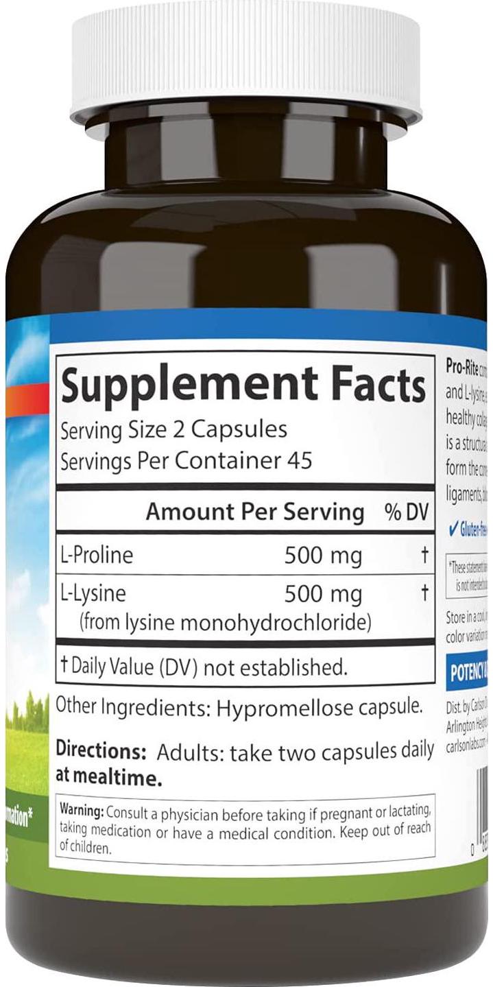 Carlson - Pro-Rite, Free-Form L-Proline and L-Lysine, Health, Joint Support and Collagen Formation, 90 Capsules
