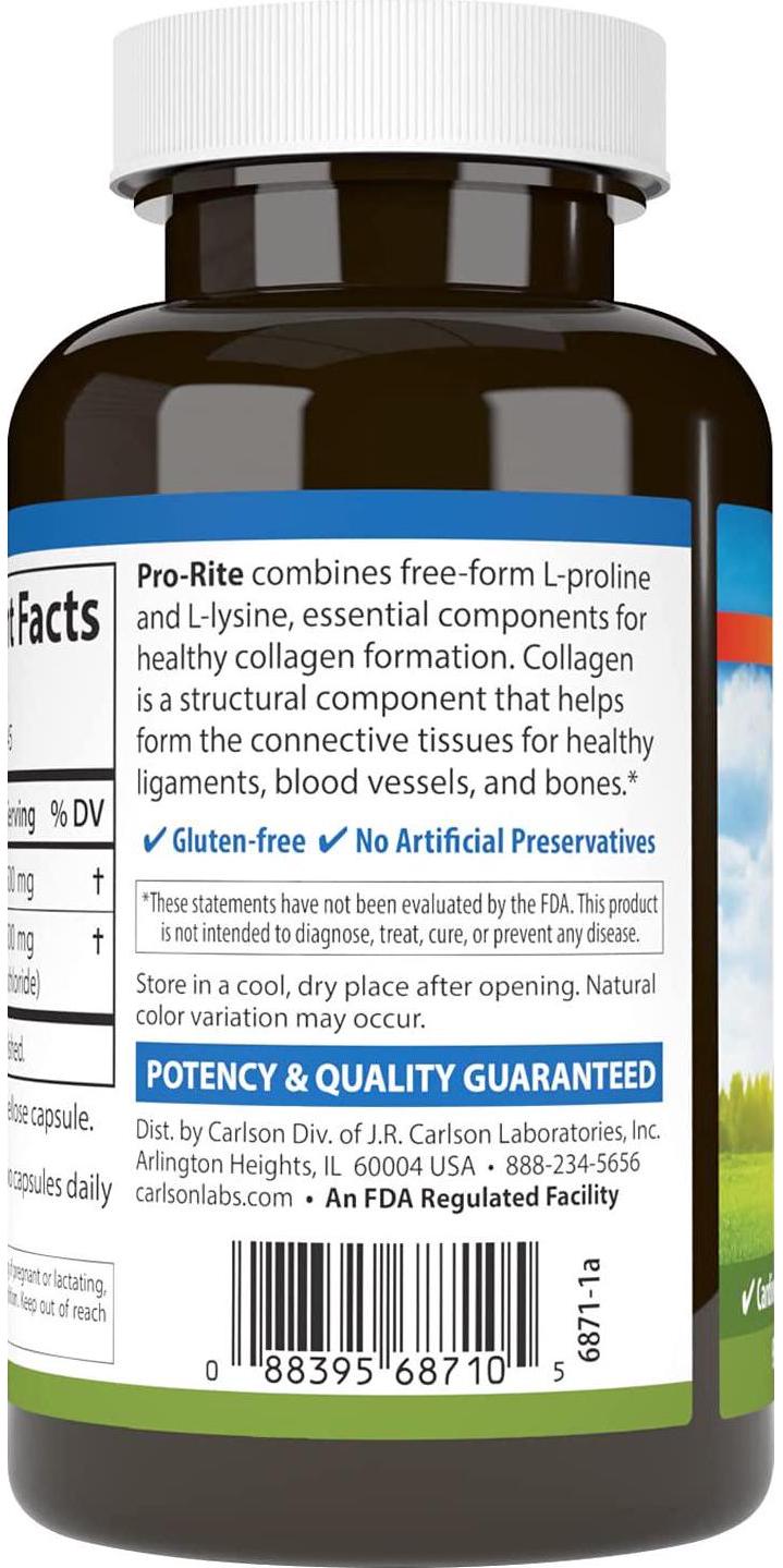 Carlson - Pro-Rite, Free-Form L-Proline and L-Lysine, Health, Joint Support and Collagen Formation, 90 Capsules