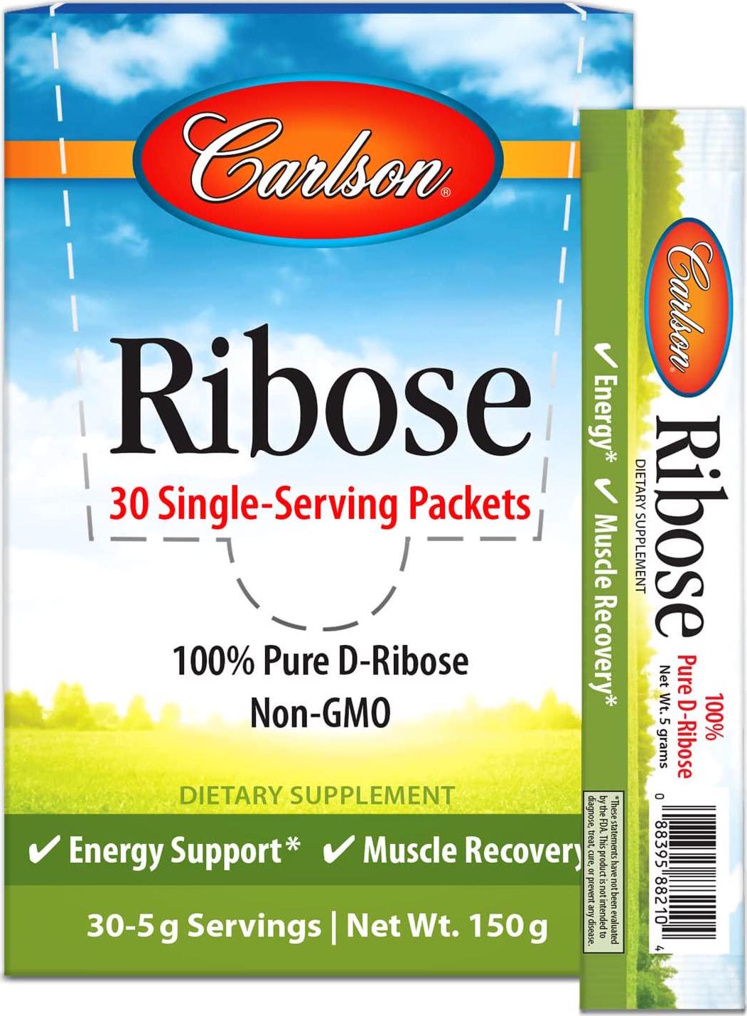 Carlson - Ribose Single-Serving Packets, 100% Pure D-Ribose, Non-GMO, Energy Support and Muscle Recovery, 30 Packets, 5 g Each