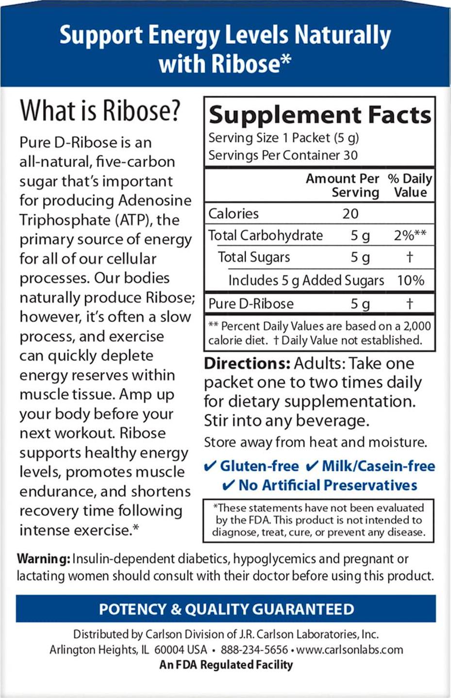 Carlson - Ribose Single-Serving Packets, 100% Pure D-Ribose, Non-GMO, Energy Support and Muscle Recovery, 30 Packets, 5 g Each