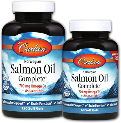 Carlson - Salmon Oil Complete, 700 mg Omega-3s + Astaxanthin, Norwegian, Heart, Brain and Joint Health, 120+60 Softgels