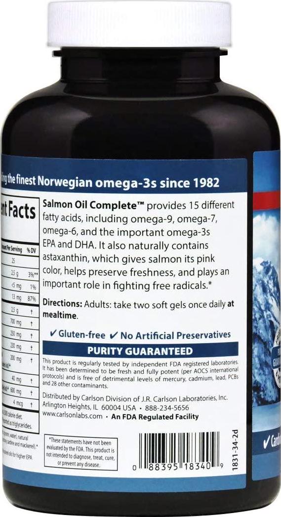 Carlson - Salmon Oil Complete, 700 mg Omega-3s + Astaxanthin, Norwegian, Heart, Brain and Joint Health, 120+60 Softgels