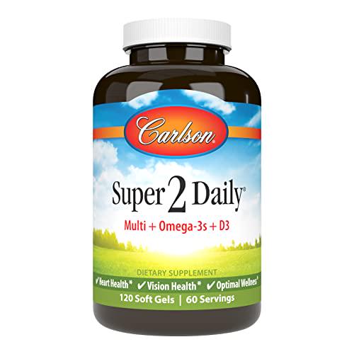 Carlson - Super-2-daily, Multi + Omega-3s + Lutein + D3, Vitamins A C D E plus Norwegian Fish Oil, Fish Oil Multivitamin, Vitamins and Minerals, Multivitamin with Lutein, 120 Softgels