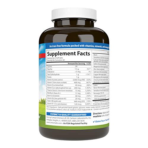 Carlson - Super-2-daily, Multi + Omega-3s + Lutein + D3, Vitamins A C D E plus Norwegian Fish Oil, Fish Oil Multivitamin, Vitamins and Minerals, Multivitamin with Lutein, 120 Softgels