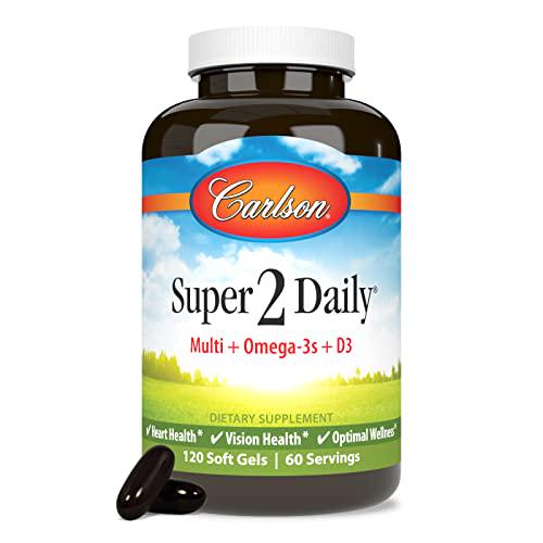Carlson - Super-2-daily, Multi + Omega-3s + Lutein + D3, Vitamins A C D E plus Norwegian Fish Oil, Fish Oil Multivitamin, Vitamins and Minerals, Multivitamin with Lutein, 120 Softgels