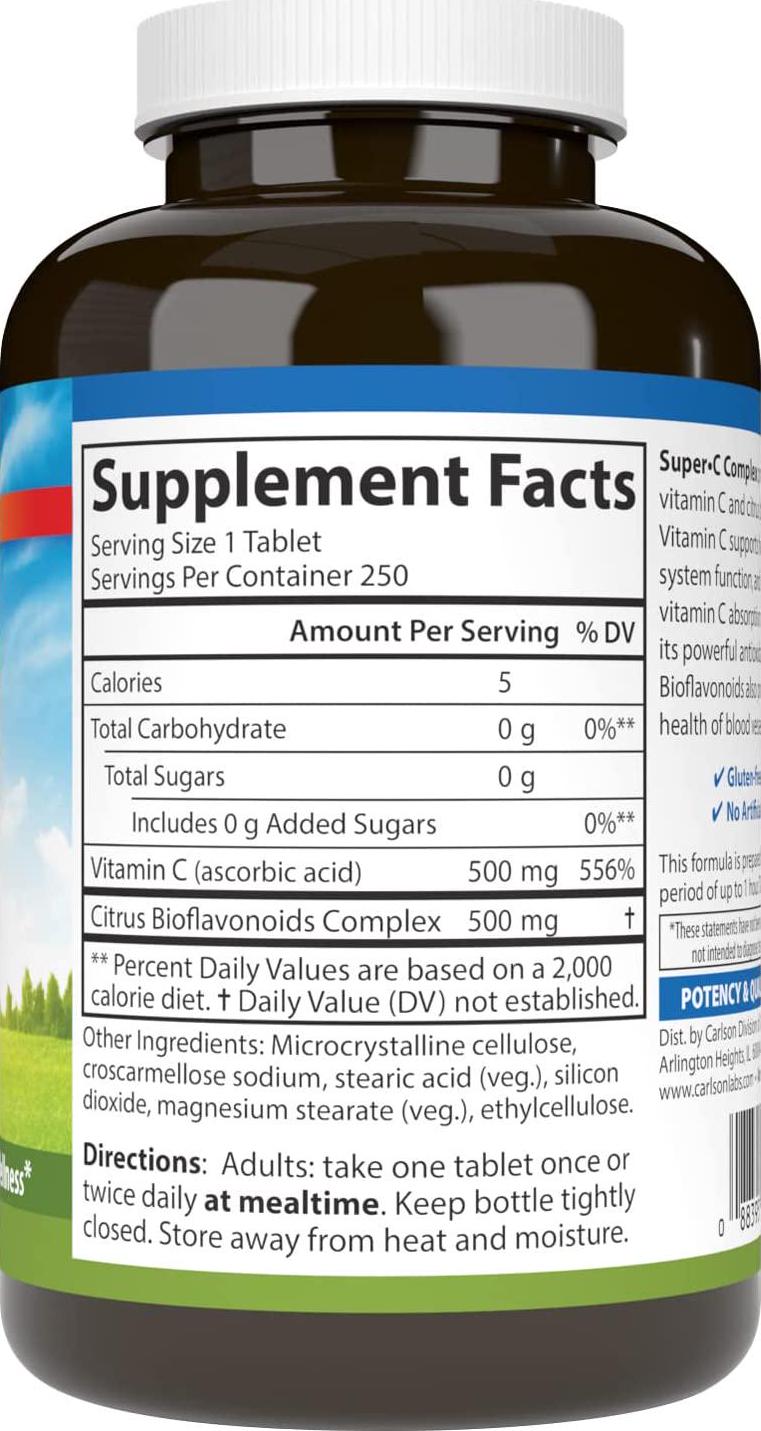 Carlson - Super-C Complex, Vitamin C + Bioflavonoids, Immune Function and Optimal Wellness, Antioxidant, 250 Vegetarian Tablets
