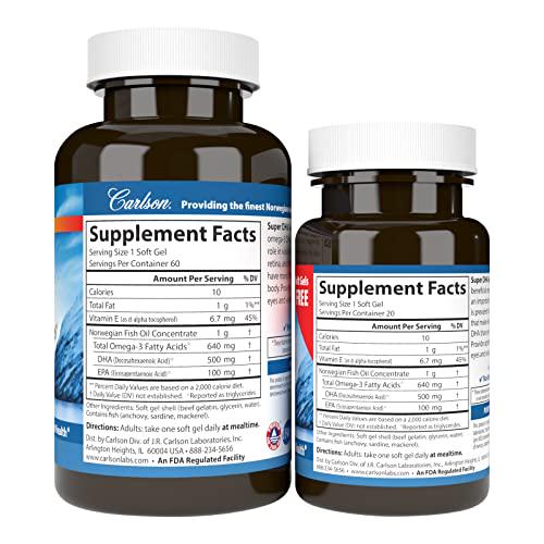 Carlson - Super DHA Gems, 500 mg DHA Supplements, 640 mg Fatty Acids, Wild-Caught Norwegian Arctic Fish Oil Concentrate, Sustainably Sourced Nordic Fish Oil Capsules, 60+20 Softgels