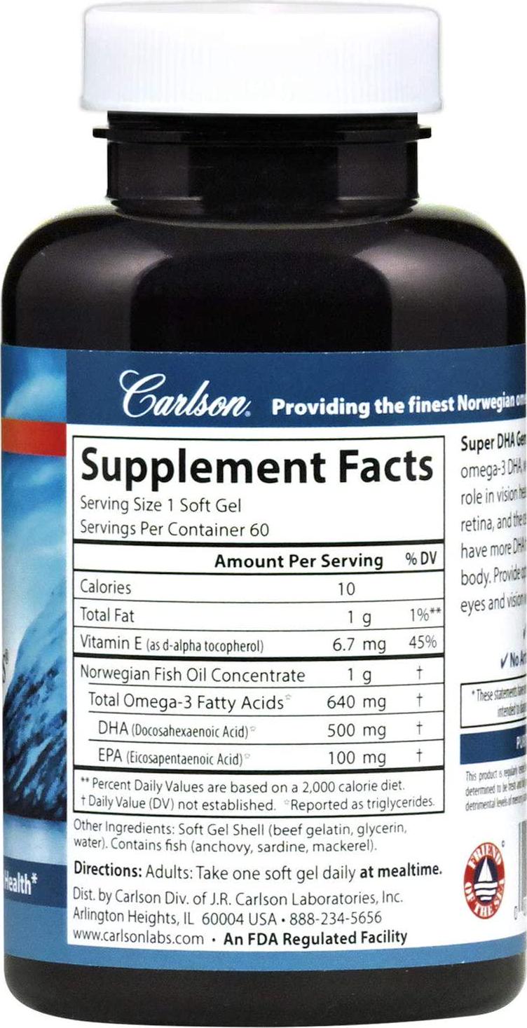 Carlson - Super DHA Gems, 500 mg DHA, Norwegian Fish Oil Concentrate, Sustainably Sourced, 60 Soft gels