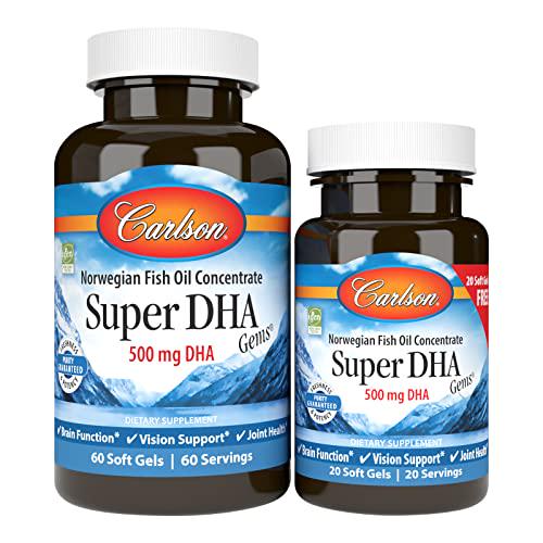 Carlson - Super DHA Gems, 500 mg DHA Supplements, 640 mg Fatty Acids, Wild-Caught Norwegian Arctic Fish Oil Concentrate, Sustainably Sourced Nordic Fish Oil Capsules, 60+20 Softgels