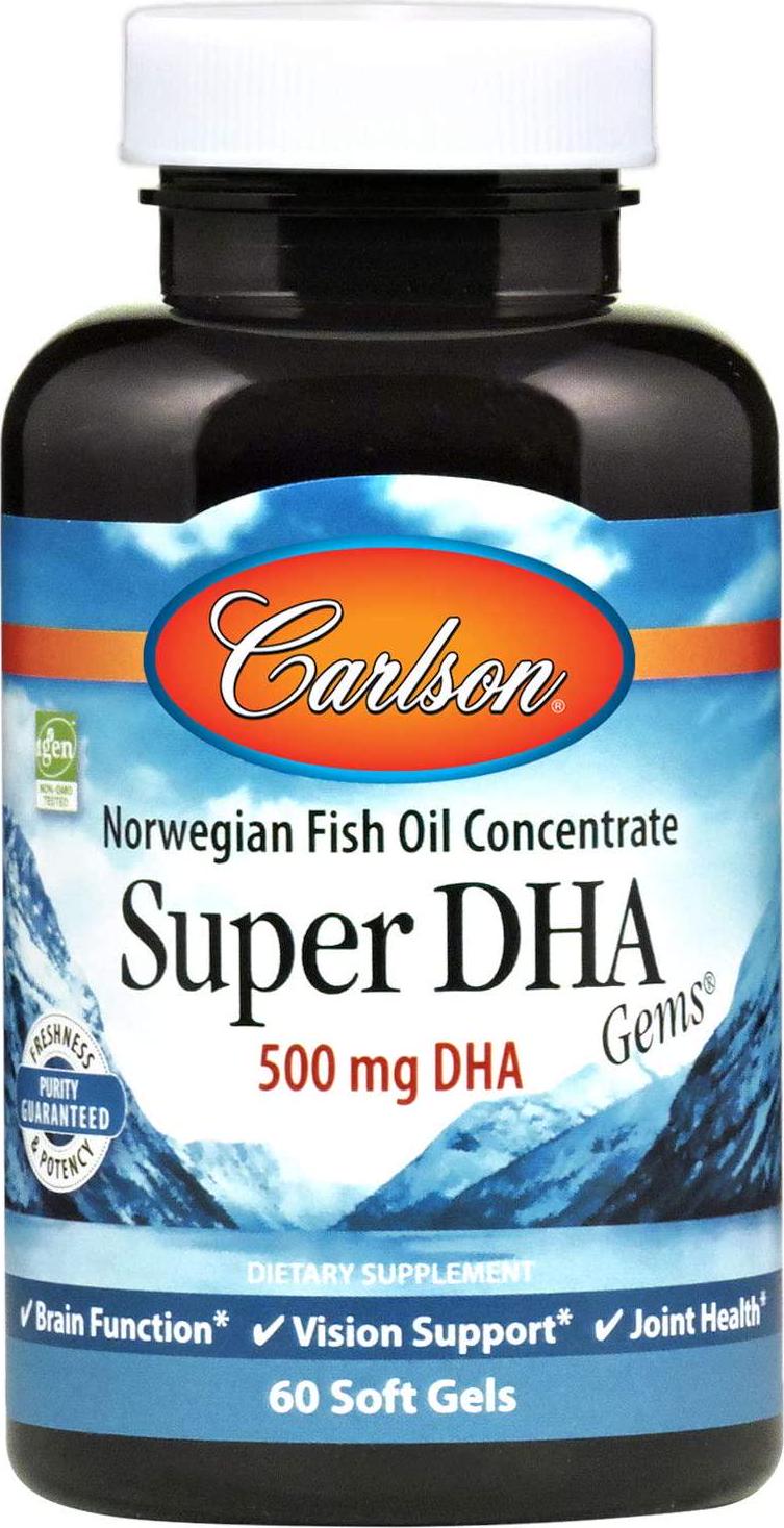 Carlson - Super DHA Gems, 500 mg DHA, Norwegian Fish Oil Concentrate, Sustainably Sourced, 60 Soft gels