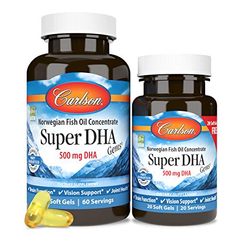 Carlson - Super DHA Gems, 500 mg DHA Supplements, 640 mg Fatty Acids, Wild-Caught Norwegian Arctic Fish Oil Concentrate, Sustainably Sourced Nordic Fish Oil Capsules, 60+20 Softgels